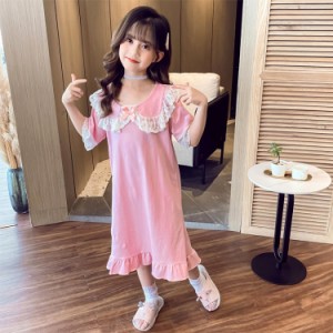 パジャマ 子供 女の子 ネグリジェ 春 夏 秋 半袖 綿 子供服 子供用 可愛い キッズジャマ レース ガールズ ワンピースパジャマ ルームウェ