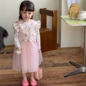 ワンピース 女の子 ベビー服 幼児 綿 可愛い キッズ お姫様風 ふんわり 2点セット 春夏秋 チュニック 花柄 チュール お宮参り 発表会 七