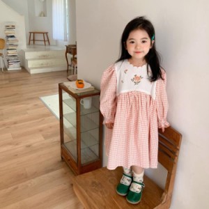 キッズ服 女の子 ワンピース 長袖 チェック 花柄刺繍 プリンセスドレス こども 女の子 ワンピース 用 子供服 女の子 花柄 キッズワンピー