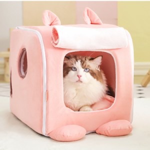 猫ハウス ドーム型 キャットハウス 耳付き ペットベッド 可愛い 冬用 折り畳み もこもこ ふわふわ 猫ベッド 犬ハウス ペットハウス 犬猫