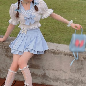 スカート レディース ピンク ブルー プリーツ ミニ ハイウェスト 蝶結び 着やせ 美尻 可愛い 着心地 学園祭 日系 おしゃれ 無地 ミニスカ