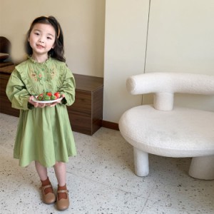 子供服 花柄ワンピース 子供 女の子 ワンピース 長袖 キッズ ナチュラル ガーリー シック ロリータ クルーネック 膝丈 フリル Aライン 緑