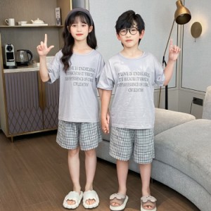 男の子 ルームウェア キッズ 子供 半袖 上下セット チェック柄 コットン 綿 女の子 パジャマ 夏 薄手 Tシャツ ショートパンツ 部屋着 セ