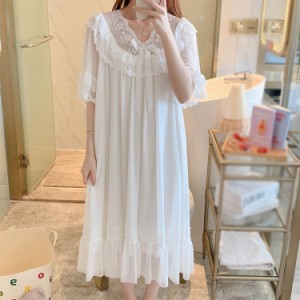 ルームウェア パジャマ ワンピース ロング レディース 夏服 ネグリジェ 姫 半袖 綿 ルームウェア ガウン ナイトウェア 女性 可愛い 部屋