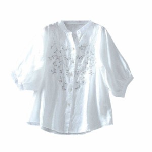 ブラウス レディース 刺繍 シャツ パフスリーブ Vネック 5分袖 ボリューム袖 UVカット 冷房対策 ゆったり 体型カバー 大人抜け感 可愛い