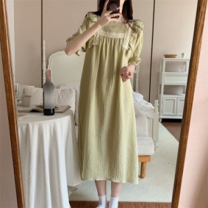 ネグリジェ レディース 夏 姫系 フリル レース 半袖 かわいい 綿 ルームワンピース 部屋着 通気 大きいサイズ パジャマ モーダル ルーム