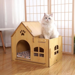 3色 猫ハウス 小屋＋フロアマット ベランダ付き ペットベッド ペット用ベッド ネコベッド 犬小屋 ねこハウス 猫用 木質 猫小屋 猫用ベッ