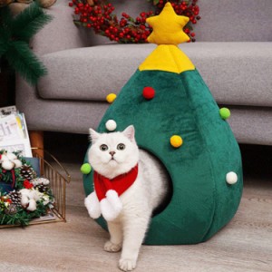 ペットハウス クリスマス ツリー型 グリーン 猫ベッド 犬用品 ペット用ベッド クッション マット付き 折り畳み可能 キャットハウス 冬用 