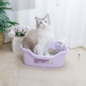 ネコトイレ 深型 ベージュ ブルー パープル 猫 ねこ ペットトイレ 室内 倒れにくい 臭いにくい 抗菌 スコップ付 猫 トイレ おしゃれ カバ
