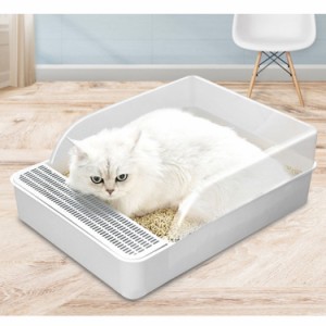 広々サイズの固まる砂用 猫トイレ 入口高さ10cm 子猫 短足猫に最適 猫トイレ 子猫 短足 ホワイト Lサイズ 猫用トイレ 清潔 掃除しやすい 