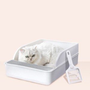 猫トイレ 猫用トイレ本体 オープンタイプ ハーフカバー 飛び散り防止カバー付き ホワイト L 半開放式 飛び散り防止 清潔 猫用品 猫用トイ