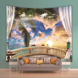 北欧風タペストリー 美しい海 日の出 ビーチと椰子の木 ハワイアン風 自然風景 多機能 毛布 おしゃれな壁掛け 室内装飾 ファブリック装飾