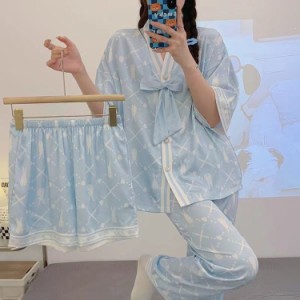 パジャマ レディース 半袖 かわいい 前開き 夏 襟なし かわいい 柄 丸首 上下セット 短パン 大きいサイズ ルームウェアセット 3点セット 