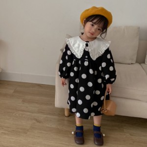 おしゃれ 水玉 ドット 花嫁介添人 誕生日 長袖 ワンピース キッズ 子供服 子供 ドレス スウェット 韓風 お姫様 女児 春秋 ハイウエスト 