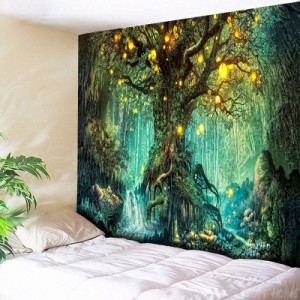 背景布 テーブルクロス 自然 風景画 タペストリー 森と日光 自然 緑 古木洞 流れている小川 壁掛け 緑の森のタペストリー 美しい リアル 