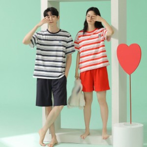 ペア パジャマ 部屋着 ルームウェア 夏服 メンズ レディース ルームウエアセット カップル 夫婦 綿 半袖 可愛い ストライプ ルームワンピ