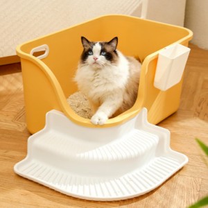 大型猫トイレ オープンタイプ 猫用トイレ本体 大きめ 深め 猫のトイレ 広々サイズ ゆったり 砂飛び散り防止 大開口 スコップ付き 大きな