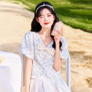 シフォンシャツ レディース 半袖 ブラウス 夏服 シャツ ショート丈 シフォン トップス 無地 パフスリーブ Vネック 白シャツ カジュアル 