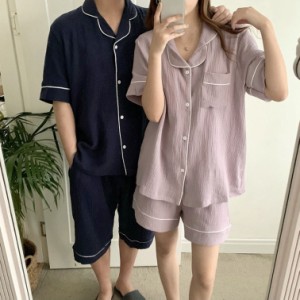 ペア パジャマ 部屋着 ルームウェア 夏服 メンズ レディース カップル 夫婦 リラックスウェア 家着 上下セット 半袖 シャツ ショートパン