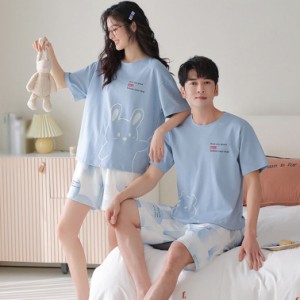 パジャマ レディース メンズ 夏 半袖 綿 可愛い クマ柄 Tシャツ ルームウェア 上下セット 薄手 吸汗 通気 ハーフパンツ ショート丈 吸水