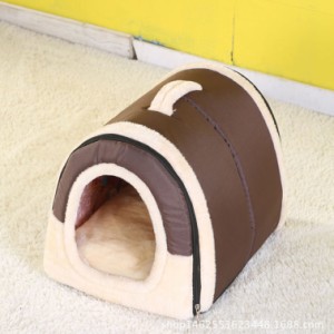 2way ドーム型ペットハウス 犬用 猫用 ペットベッド 折りたたみ式 Mサイズ ブラウン/茶色 ペット用品 犬猫用 隠れ家 コンパクトサイズ 防