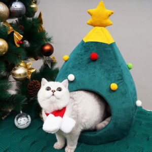 ペットハウス クリスマス ツリー型 グリーン 猫ベッド 犬用品 ペット用ベッド クッション マット付き 折り畳み可能 キャットハウス 冬用 