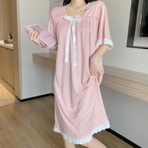 レディース ワンピース パジャマ ルームワンピース 半袖 夏服 ネグリジェ 寝巻き シャツワンピ かわいい 部屋着 ナイトガウン ゆったり 