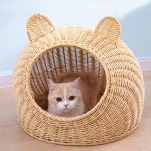 手編み ペットハウス ペットベッド ベッドルーム 小屋 籠 天然素材持ち手付 猫 耳 ドーム型 通気性良い 小中型 洗える 軽い 無味 ペット