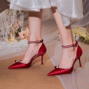 結婚式 パンプス 靴 アンクルストラップ 8センチヒール 二次会 パーティー 疲れない 蝶結び パール付き ピンヒール サンダル 歩きやすい 