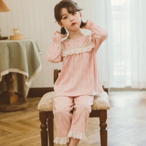 子供服 綿 ガーリー ルームウェア 女の子 キッズ パジャマ 長袖 おしゃれ かわいい 子ども 子供パジャマ 姫系 リボンタイ ロングパンツ 