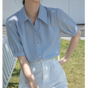 シャツ ブラウス レディース 襟付き 半袖 パフスリーブ スーツ インナー オフィス ビジネス 事務服 制服 おしゃれ ワイシャツ スリム 白 