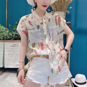 夏 レディース シャツ ブラウス アロハシャツ ハワイシャツ 夏服め服 きれいめ 半袖 花柄 プリント 薄手 ゆったり Vネック 襟付き トップ