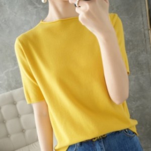 トップス シャツ Tシャツ レディース ハーフタートルネック 半袖 襟なし ボトミングシャツ オフィス ビジネス OL 通勤 主役級 存在感 楽