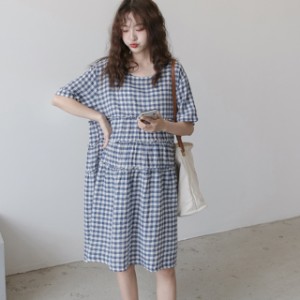 トップス ワンピース レディース マタニティ マタニティ服 マタニティワンピース チェック柄 水玉 ドット 格子縞 ラウンドネック 袖あり 