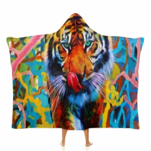 虎の現代油絵 フード付きブランケット ソフト着る 毛布ケープラップブランケット肩掛け毛布部屋着 可愛いギフト