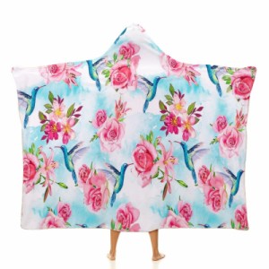 水彩花バラ鳥 フード付きブランケット ソフト着る 毛布ケープラップブランケット肩掛け毛布部屋着 可愛いギフト