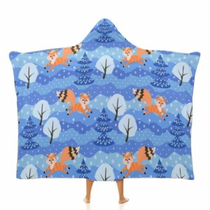 冬の森のキツネ フード付きブランケット ソフト着る 毛布ケープラップブランケット肩掛け毛布部屋着 可愛いギフト