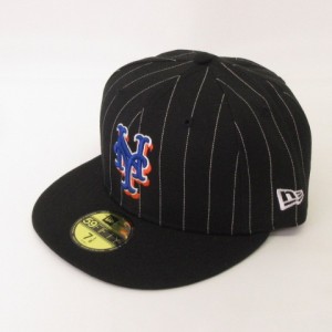 【中古】ニューエラ NEW ERA 美品 59FIFTY MLB NY ニューヨーク・メッツ キャップ 帽子 ストライプ ブラック 7 1/8
