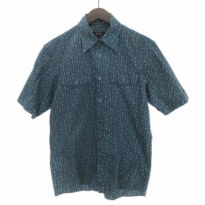 【中古】バーバリーブラックレーベル シャツ 半袖 カジュアル 胸ポケット 刺繍 ロゴ 総柄 青 ブルー 2 M位 メンズ