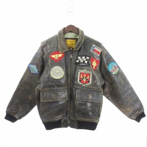 【中古】ボンバーズ BOMBERS フライトジャケット 革ジャン ジップアップ ワッペン レザー 茶 ブラウン M ■SM1 メンズ