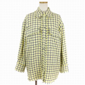 【中古】未使用品 MSGM 21AW タグ付き シャツ ジャケット ツイード フリンジ チェック オーバーサイズ 黄 38 XS位