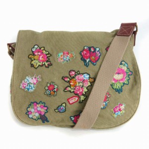 【中古】キャスキッドソン Cath Kidston ショルダーバッグ フラワーワッペン キャンバス 緑系 オリーブ 鞄