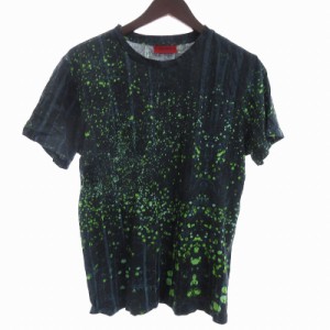 【中古】ヒューゴボス HUGO BOSS Tシャツ カットソー 半袖 総柄 黒 ブラック 緑 グリーン XS  