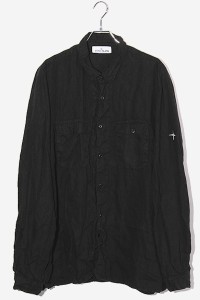 【中古】ストーンアイランド Camicia ロゴ刺繍 リネン 長袖シャツ 3 BLACK ブラック 741512001 イタリア製 /● メンズ