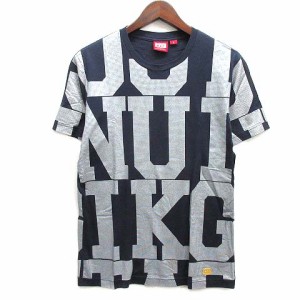 【中古】オニツカタイガー Onitsuka Tiger 全面 ビッグ ロゴ プリント Tシャツ カットソー 半袖 ネイビー 紺 S メンズ