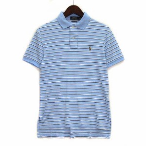 【中古】ポロ ラルフローレン POLO RALPH LAUREN ボーダー 半袖 ポロシャツ PIMA SOFT TOUCH ライトブルー 水色 XS メンズ