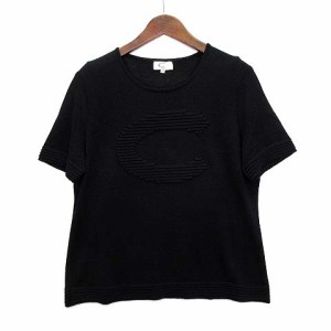 【中古】カルヴェン CARVEN Cロゴ 刺繍 サマーニット セーター 半袖 シルク混 ブラック 黒 44 大きいサイズ レディース