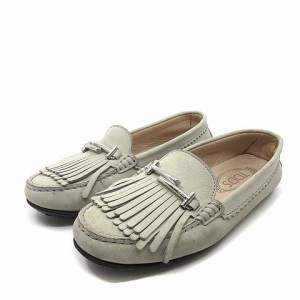 【中古】トッズ TOD'S ダブルT フリンジ ドライビングシューズ スリッポン ローファー ヌバック レザー ライトグレー 36.5 約23.5cm