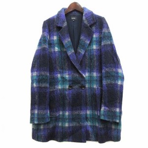 【中古】ルシェルブルー LE CIEL BLEU ウール シャギー チェック ダブル チェスターコート パープル 紫 38 レディース