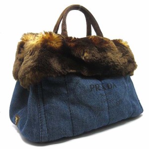 【中古】プラダ PRADA カナパ デニム ファー ハンドバッグ トートバッグ BN2182 インディゴブルー レディース